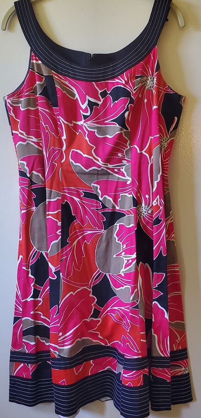 NINE WEST Red, Black Bold Floral Fit Flare Cotton Sleeveless Dress, Size 12